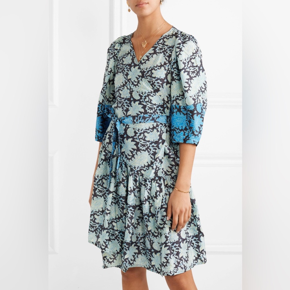 Apiece Apart Bougainvillea Silk Long Sleeve Dress in Blue and Black